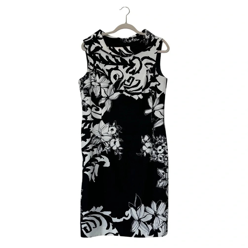 Rickie Freeman for Teri Jon Black White Cowl Neck Floral Above the Knee Dress 12